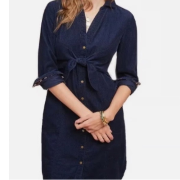 Anthropologie Maeve Dress Corduroy Winchester Blue Tie Front Button Shirt Dress - Picture 4 of 16